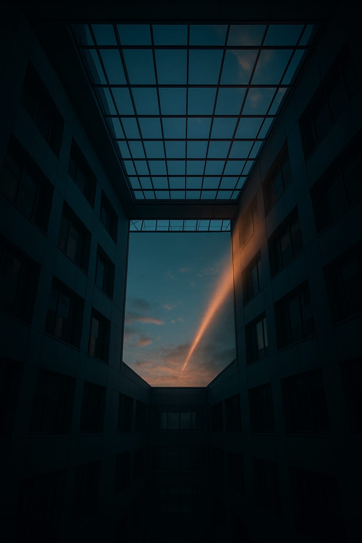 A corporate atrium ceiling opening to a dawn sky, light breaking through from above