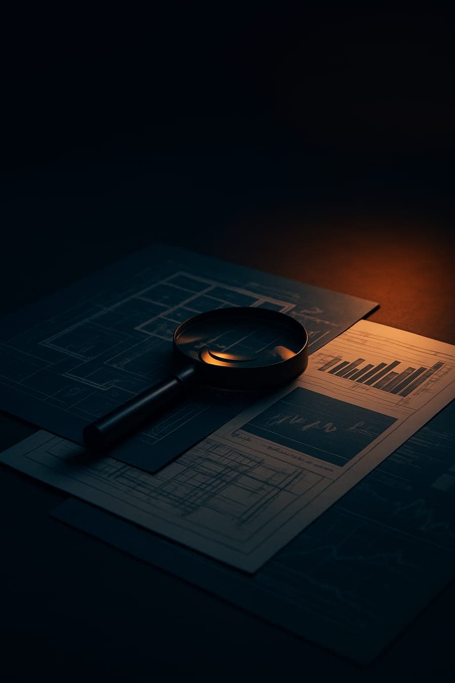 Magnifying loupe resting on financial charts in a pool of warm lamplight