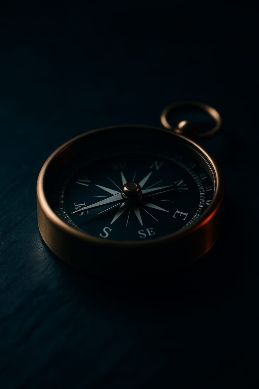 Brass navigational compass on dark slate, lit in deep teal tones