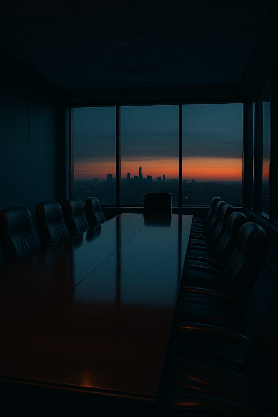 Empty executive boardroom at dusk overlooking a city skyline