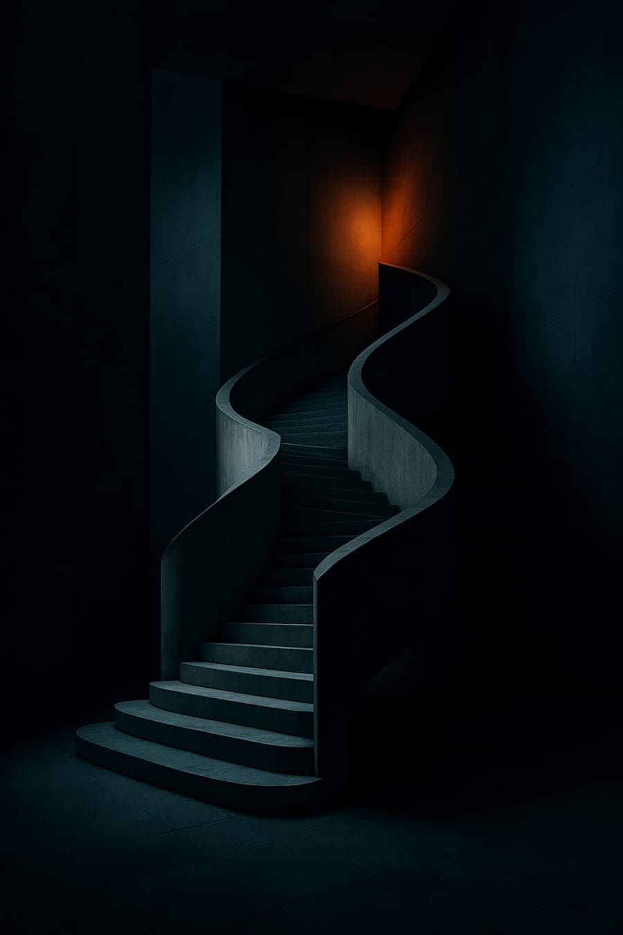 Sculptural staircase ascending through a dark atrium towards a warm light