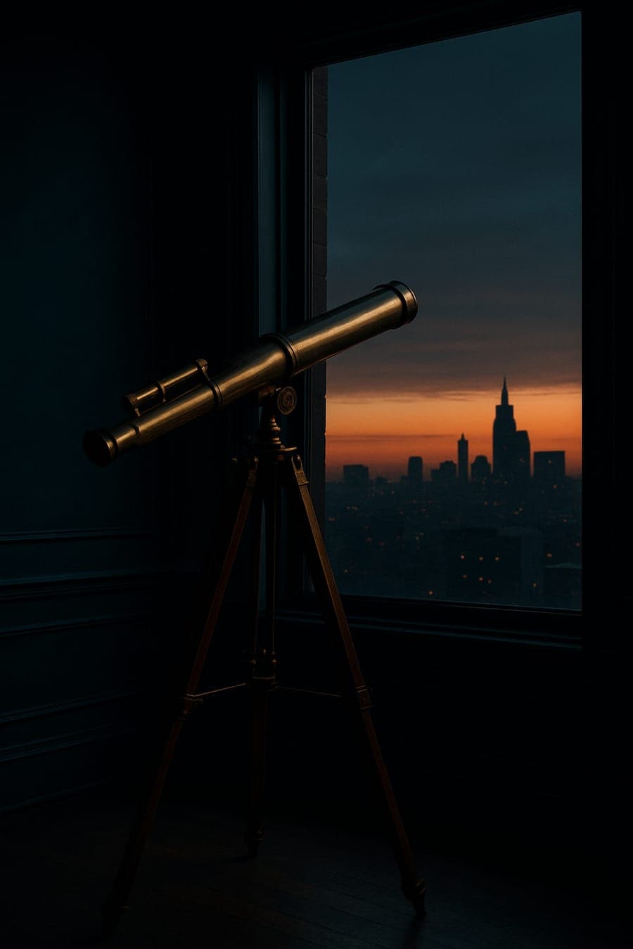 Brass telescope at a tall window overlooking a city skyline at dusk