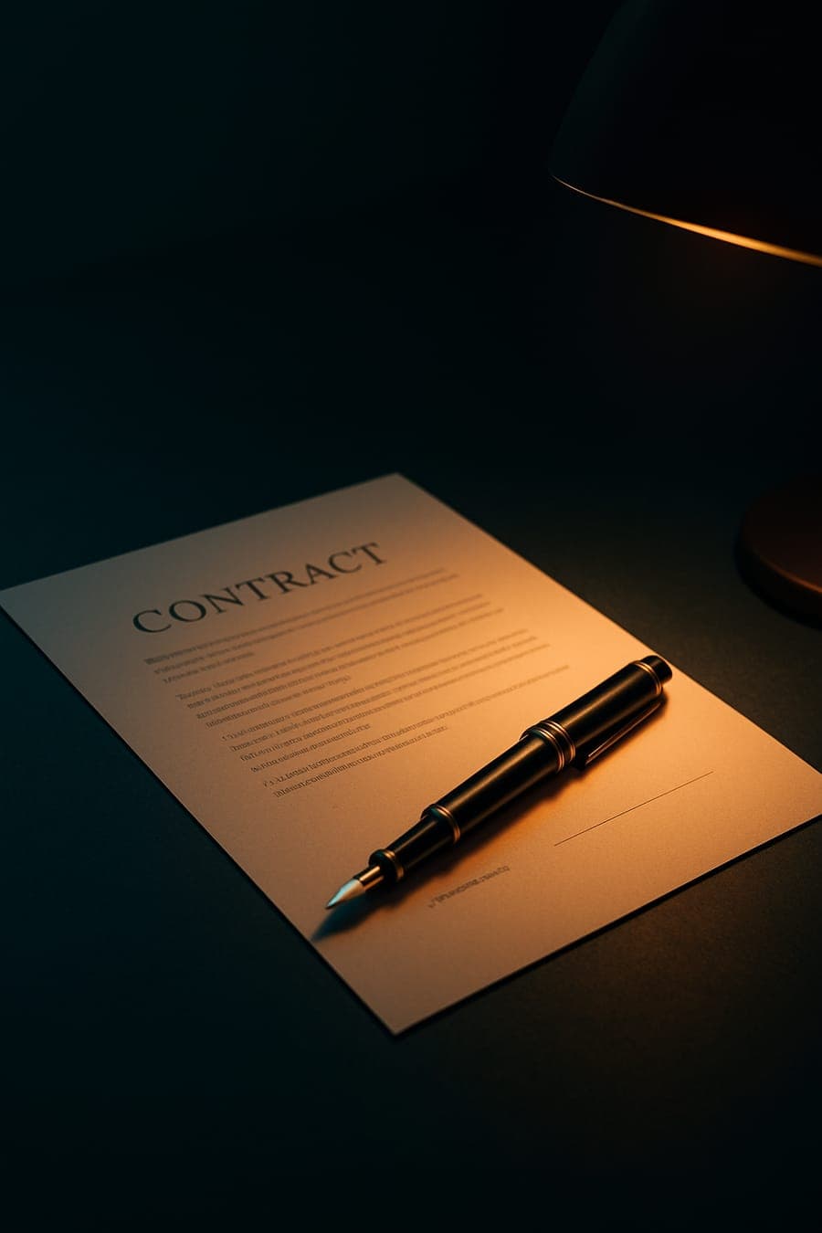 Fountain pen resting on contract documents under warm lamplight
