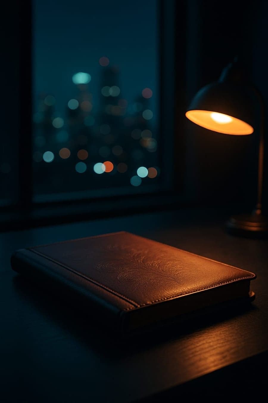Leather folio on an executive desk at night with city lights behind
